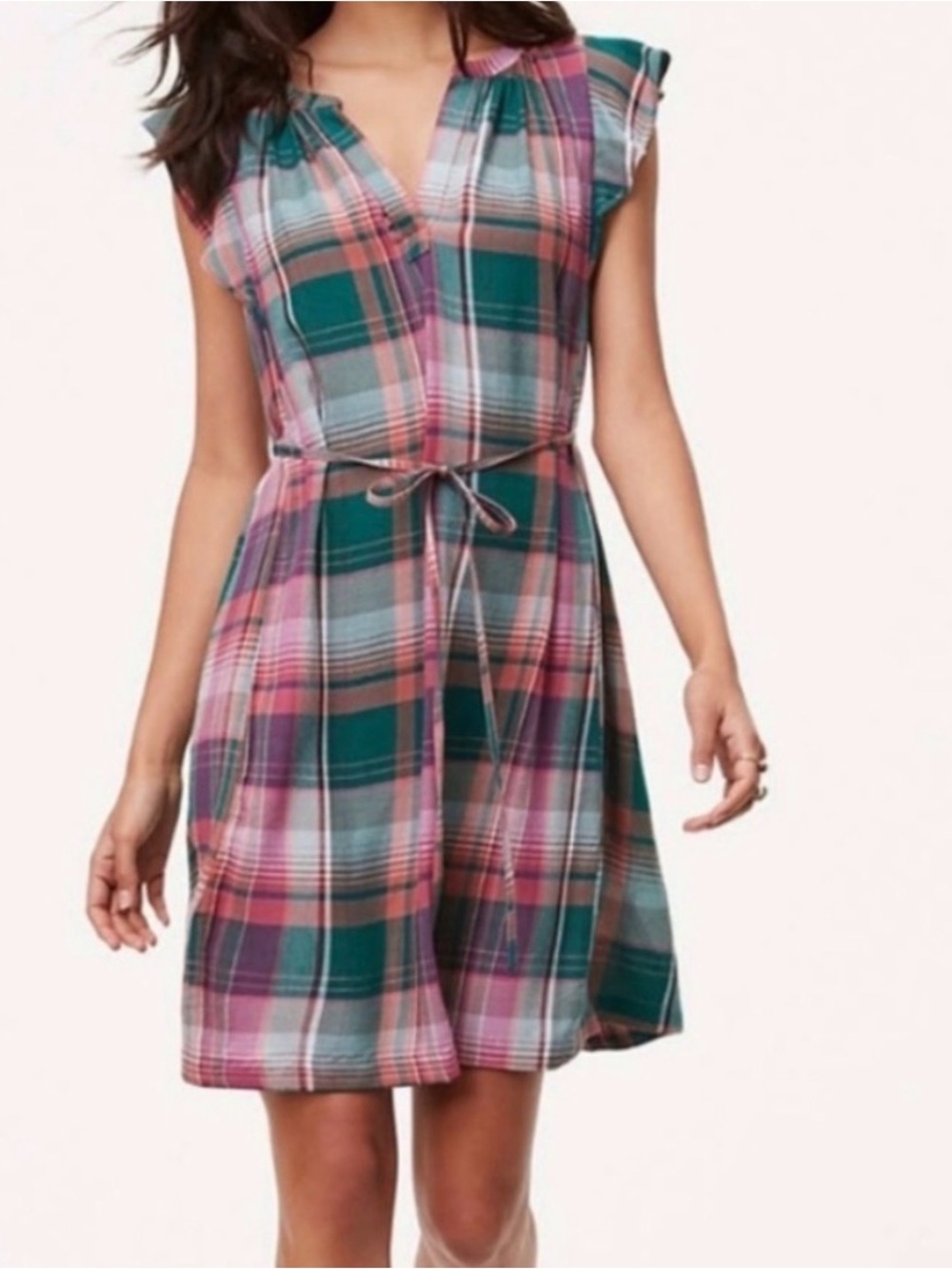 Ann Taylor Loft Plaid Tie-Waist Flutter Sleeve Dress in Pink & Green size Small